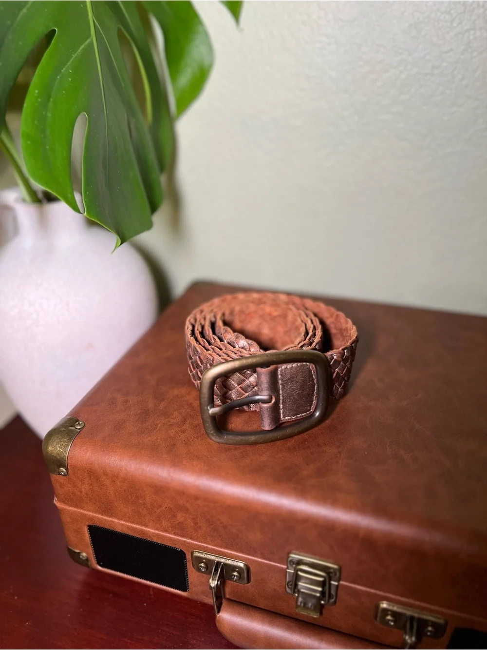 Vintage Fossil Metallic Bronze Woven Leather Belt Size Medium Boho Y2K Wide